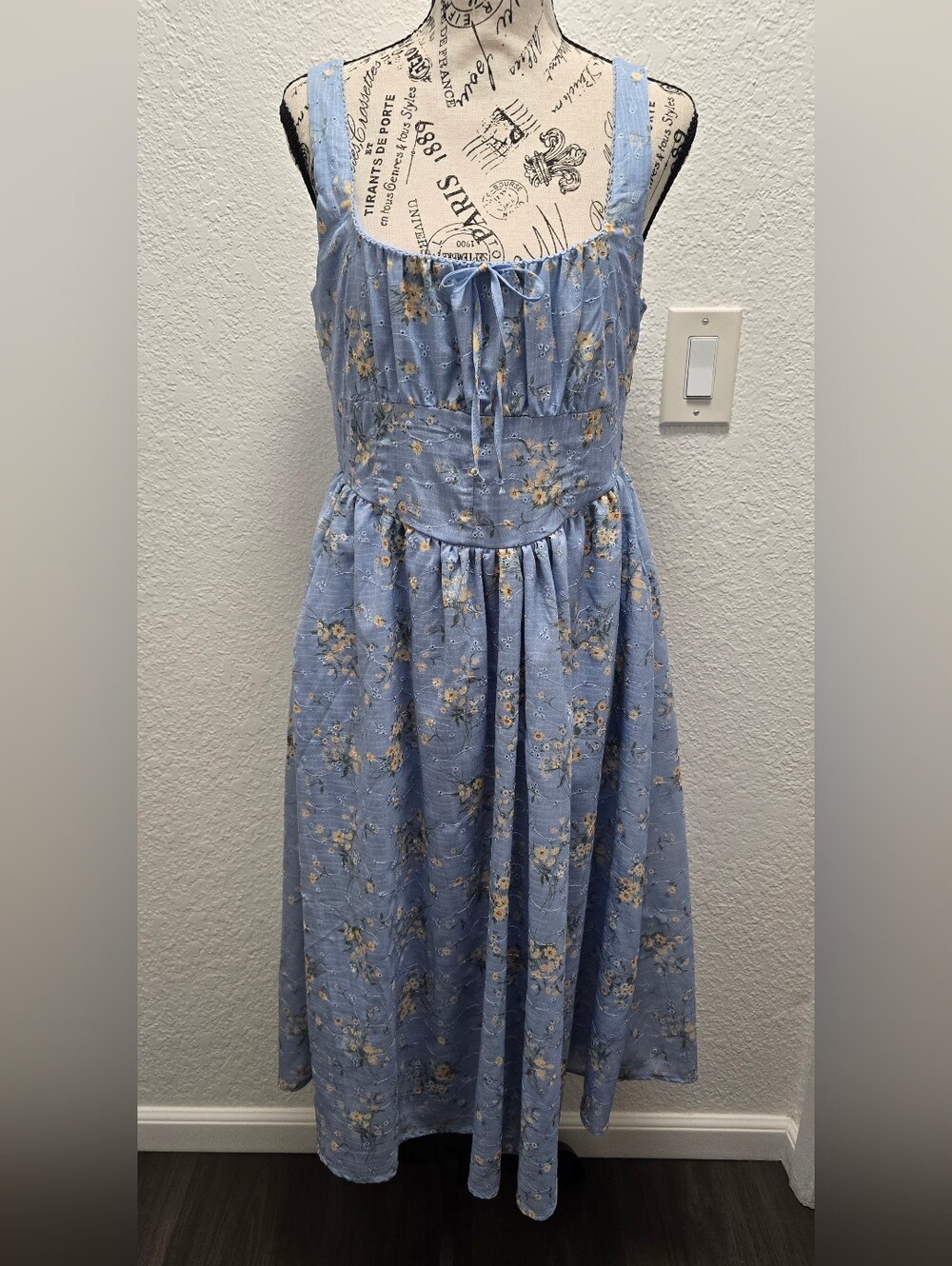 Blue Floral Midi Sundress with Tie Front